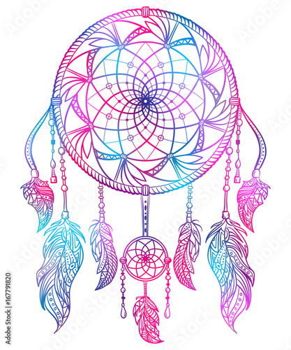 Colorful dream catcher with ornament and feathers. Design concept for banner, card, t-shirt, print, poster. Vintage hand drawn vector illustration
