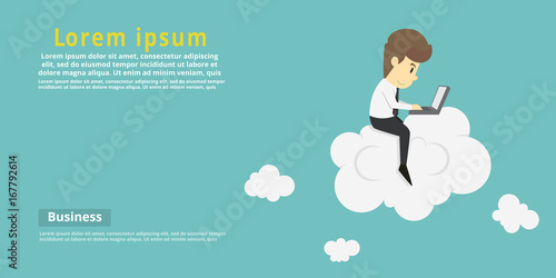Businessman with laptop sitting on cloud.Cartoon of business success is the concept of the man characters business, the mood of people, can be used as a background, banner. vector illustration