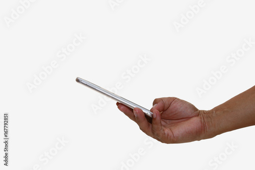 Hand holding smartphone isolated with white background