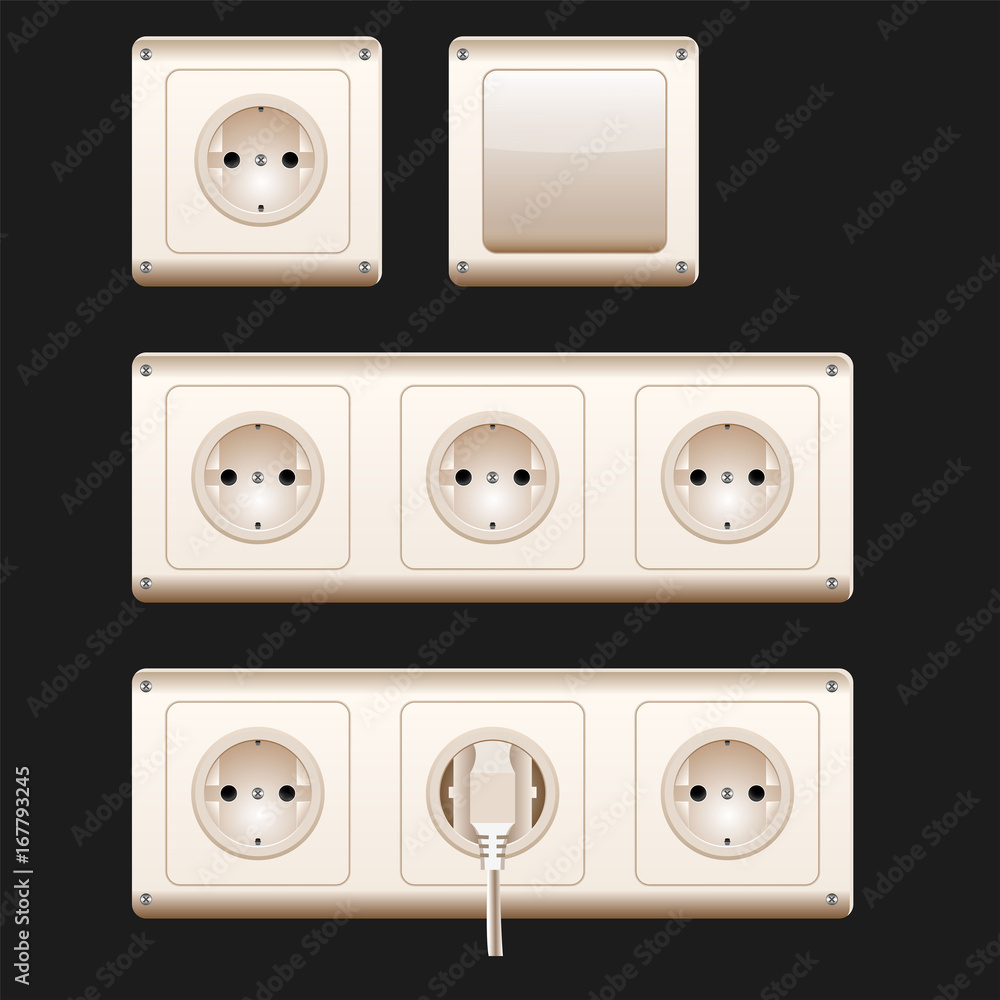 Electric sockets, switch and cords. Vector illustration, eps10. White switches and sockets set. Electric sockets, switch and cords. Vector illustration, eps10. White switches and sockets set.