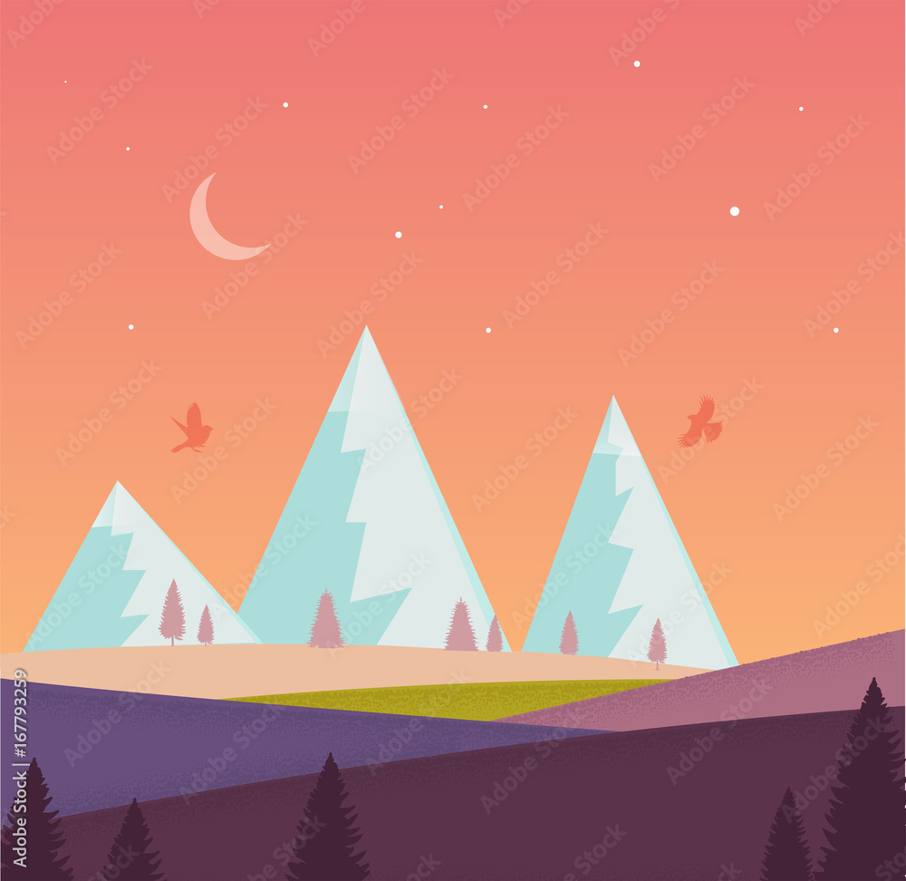 Nature landscape with mountain,moon, stars, forest, field. Violet, green, orange, blue colors.