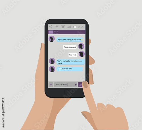 Hand holding smartphone. Chat message. Vector concept