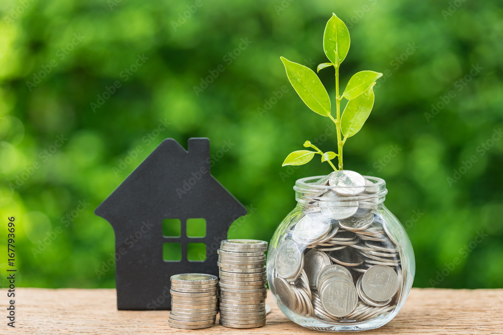 Stack of coins and jar with full of coins with growth sprout plant as property or mortgage investment concept Stack of coins and jar with full of coins with growth sprout plant as property or mortgage investment concept