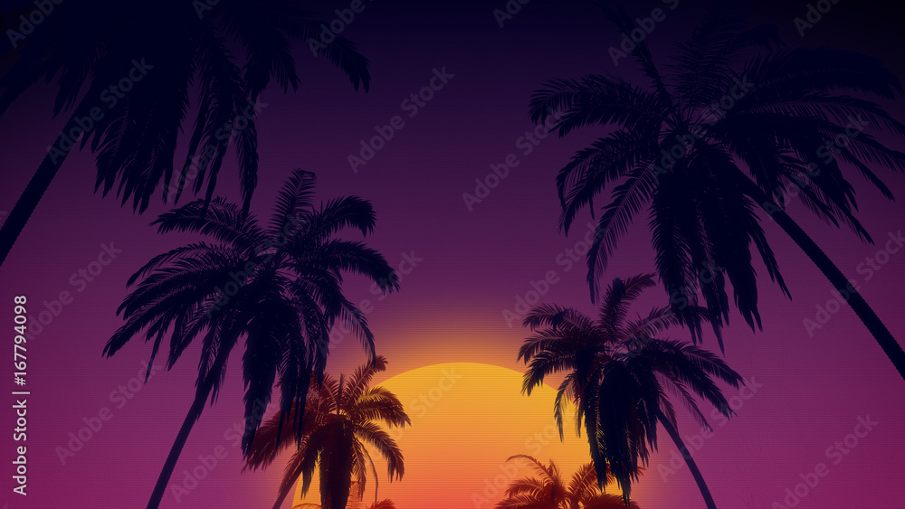 80's retro style background with tropical coconut trees and sunset from 3d render. 80's retro style background with tropical coconut trees and sunset from 3d render.