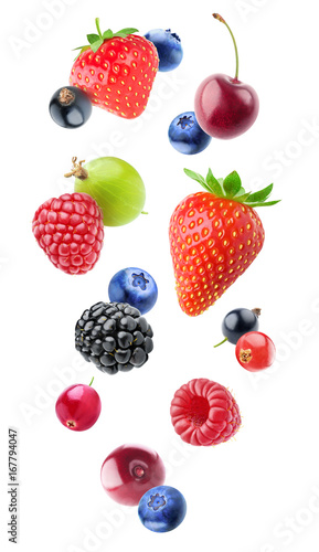 Isolated falling berries. Mixed fruits float in the air (blueberry, blackberry, raspberry, strawberry, gooseberry, cherry, black and red currants) isolated on white background with clipping path