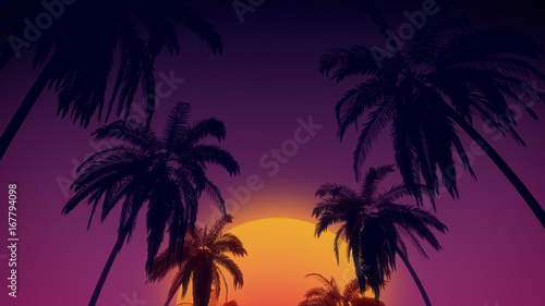 80's retro style background with tropical coconut trees and sunset from 3d render.