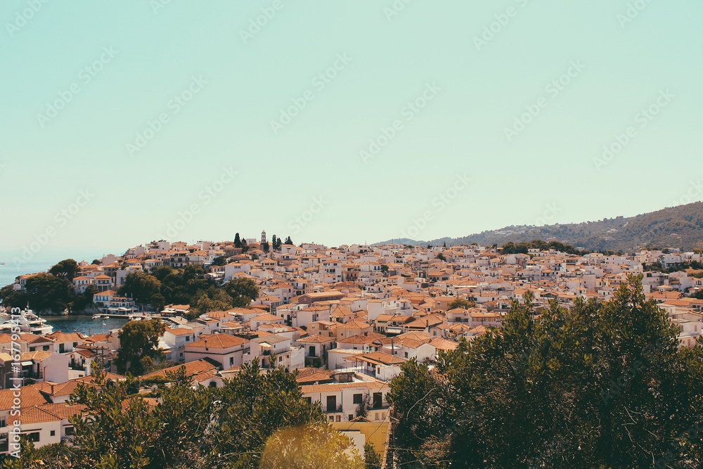 Obraz premium Skiathos panorama with white houses and small pedestrian streets.