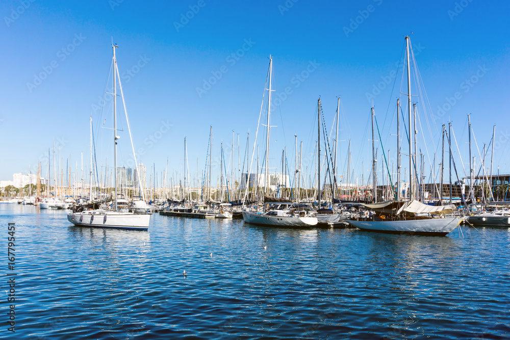 Street view of Barcelona harbor with boats, Spain Europe