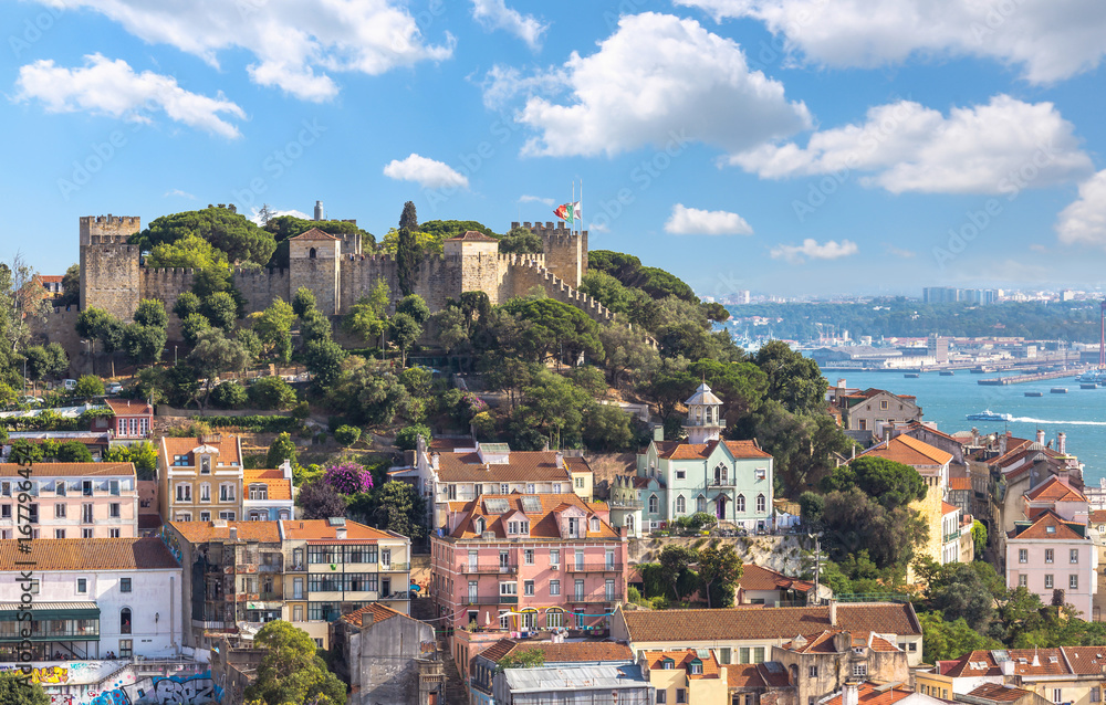 View of lisbon cityscape and saint Jorge castle skyline in sunny day ,Portugal