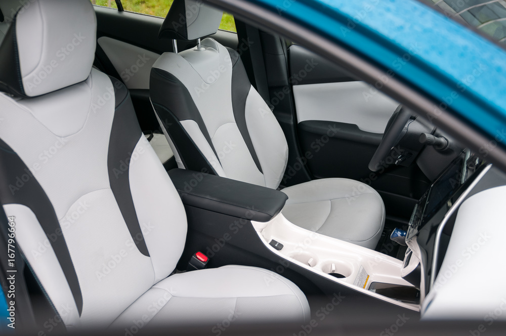 Front seats, interior of the new car. Black and white leather mix.