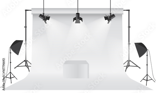 Empty photo studio. Realistic 3D white backdrop paper with tripod mock up design. Gray background.
