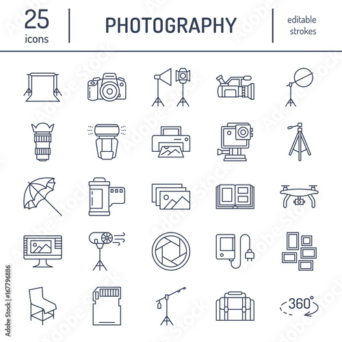 Photography equipment flat line icons. Digital camera, photos, lighting, video cameras, photo accessories, memory card, tripod lens film. Vector illustration, signs for photo studio or store.