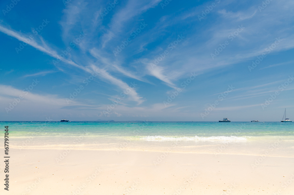 Sea beach blue sky sand sun daylight relaxation landscape viewpoint with sailboat at Maiton Island, Thailand.