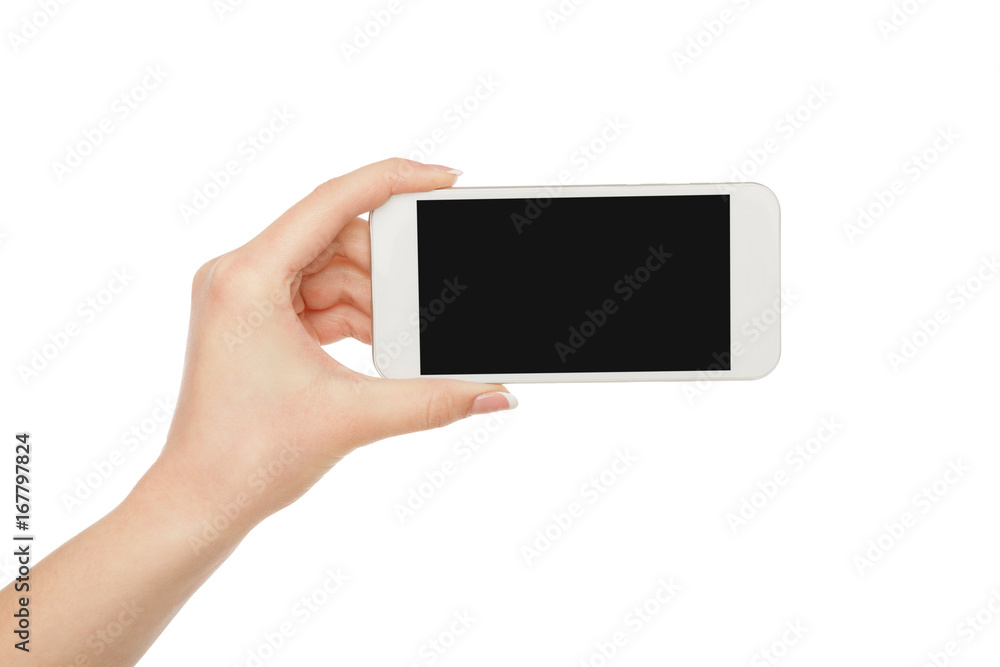 Woman's hand holding mobile phone screen, crop, cut out Woman's hand holding mobile phone screen, crop, cut out
