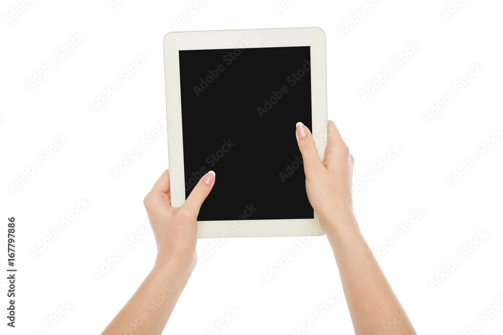 Female hands holding digital tablet, crop, cut out Female hands holding digital tablet, crop, cut out