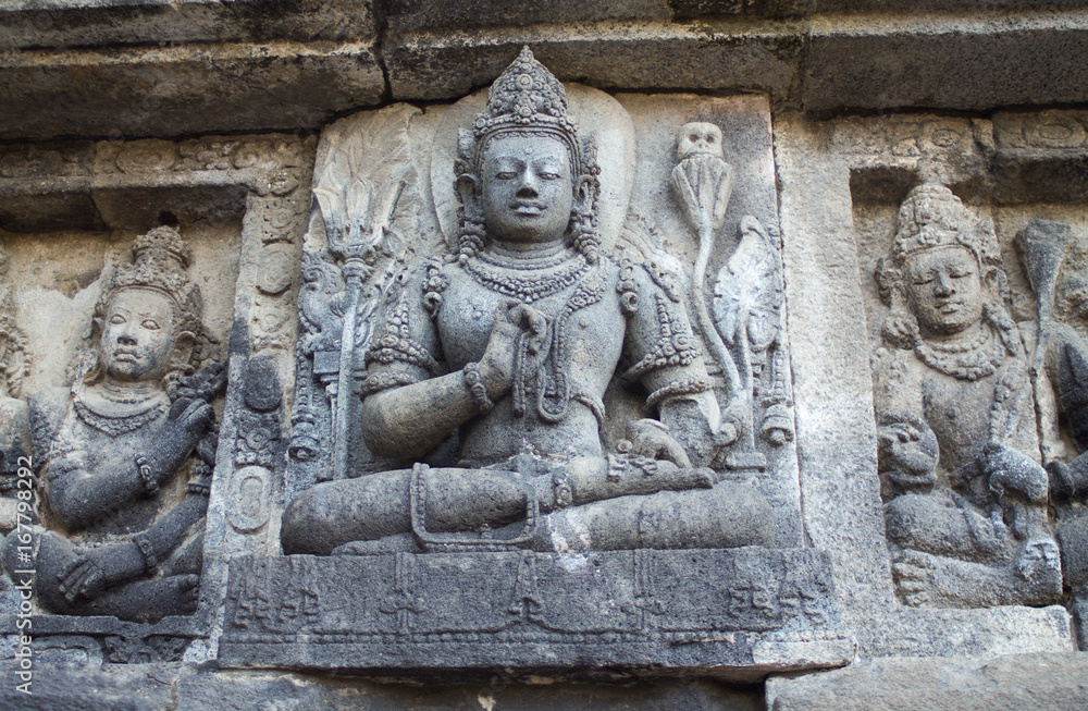 details of reliefs in Prambanan Hindu temple , central java