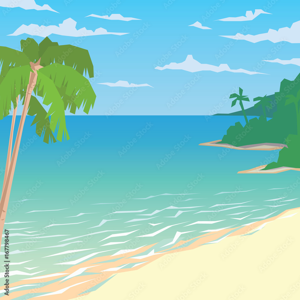 Sandy beach with palms. Tropical ocean landscape.