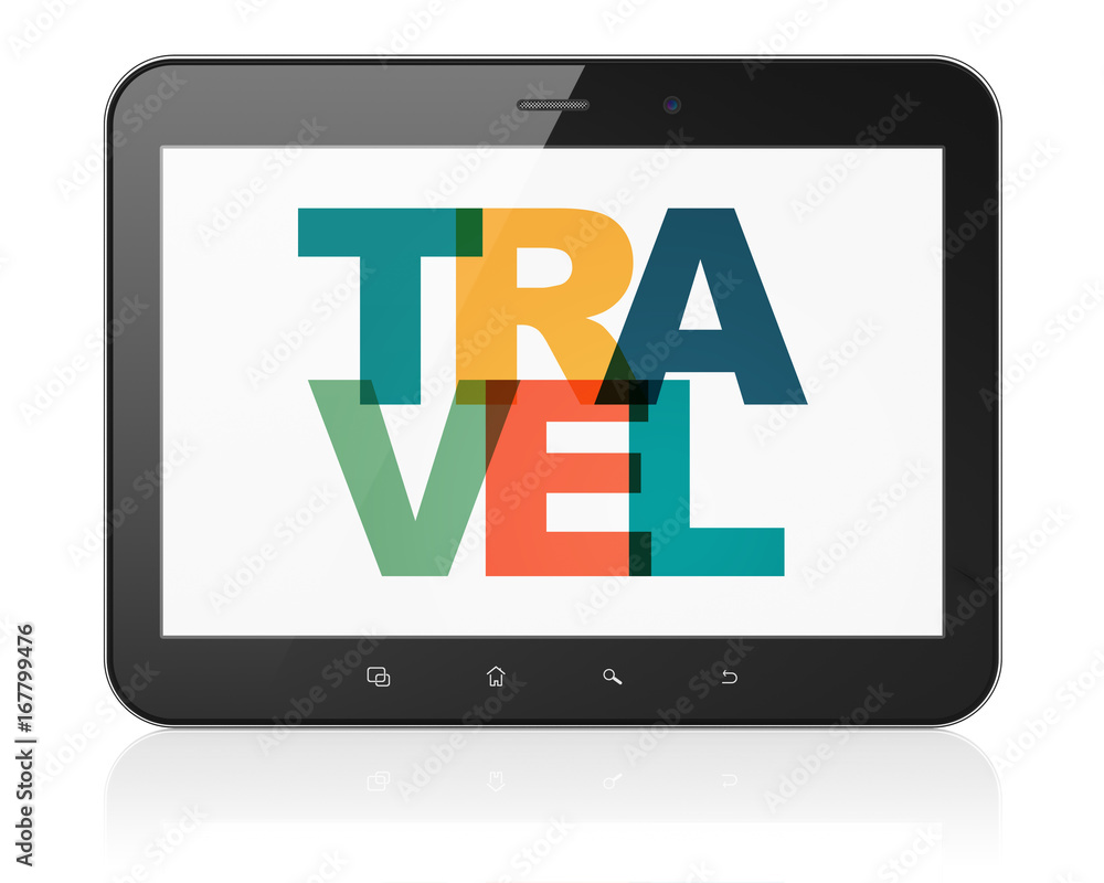 Entertainment, concept: Tablet Computer with Travel on display Entertainment, concept: Tablet Computer with Travel on display