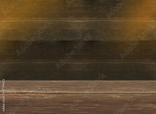 Wooden wall and floor background with summer morning light.