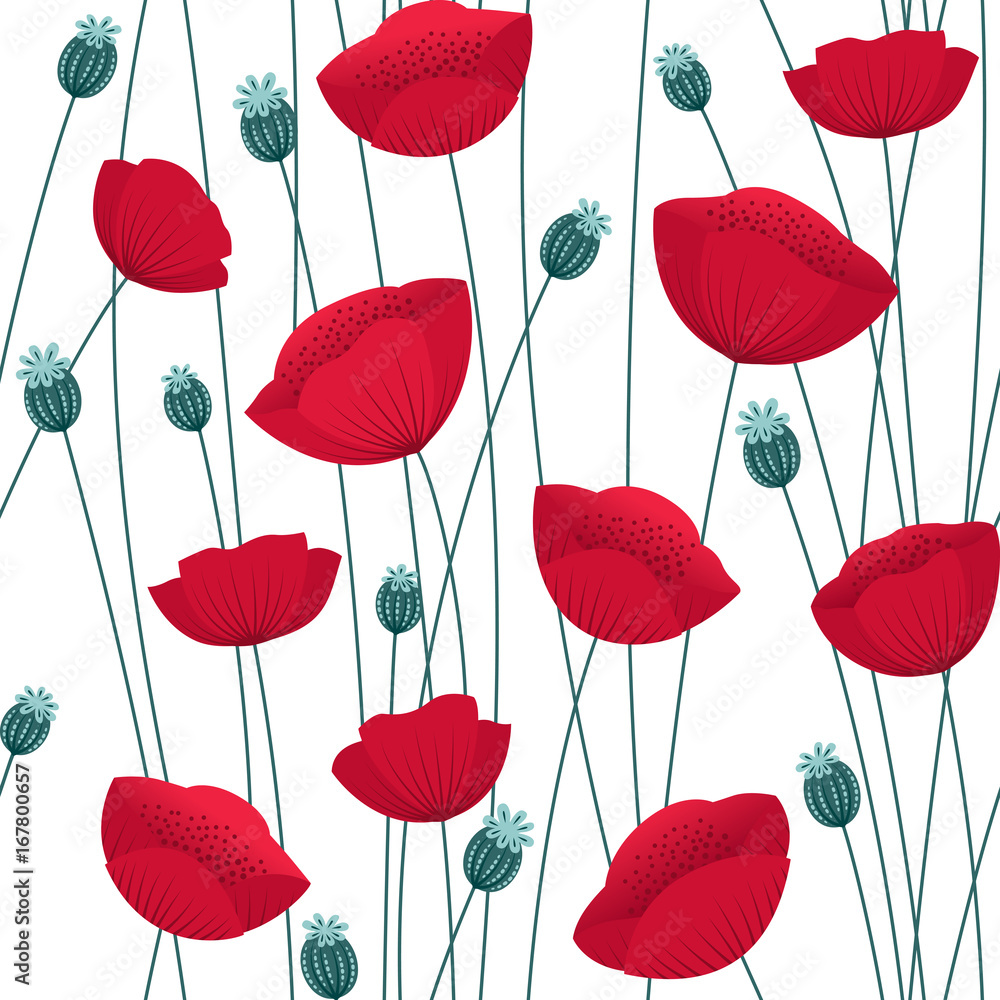 Fototapeta Floral seamless pattern with poppy flowers on white background. Stock vector endless backdrop.
