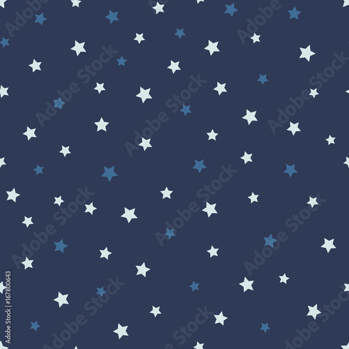 Vector abstract starry seamless pattern on the blue background. Cute dark and light stars.