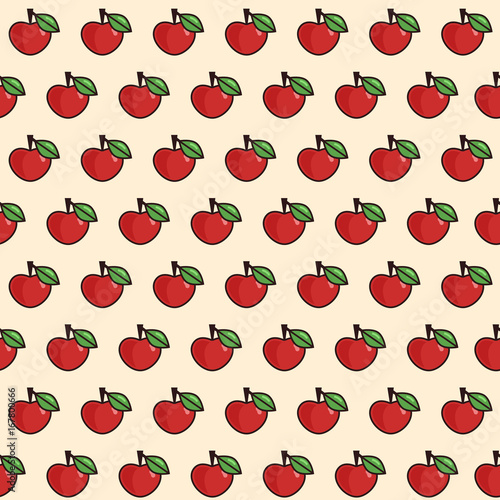 Vector apple seamless pattern in flat style with outline on the beige background