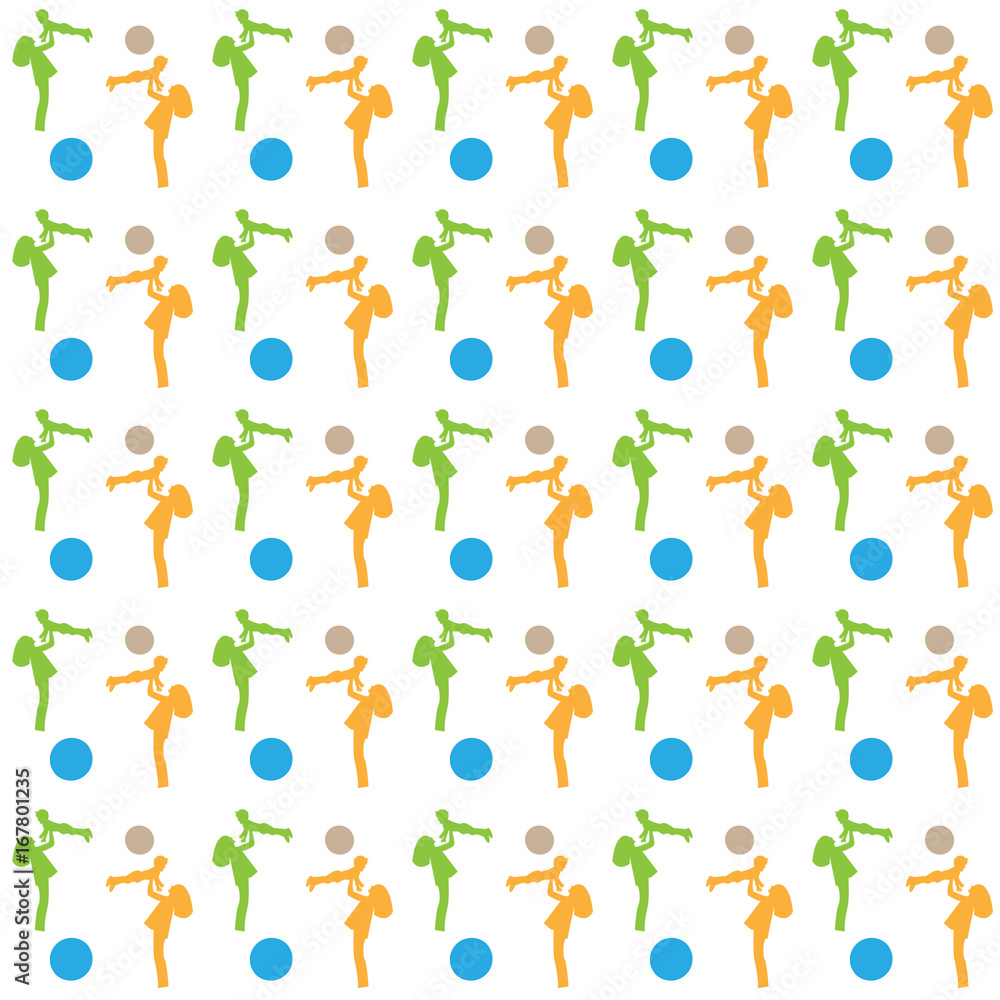 Vector illustration seamless pattern of girls in orange and green with a child in their arms and blue and brown balls on a white background