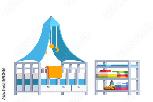 Kid bedroom with toddler crib, rack and toys