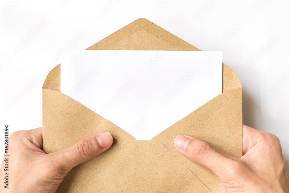 hand opening brown Document Envelope with copy space on white background