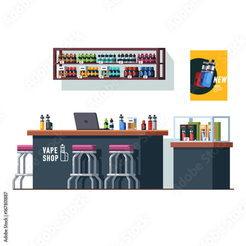 Modern vape shop with counter desk and storefront