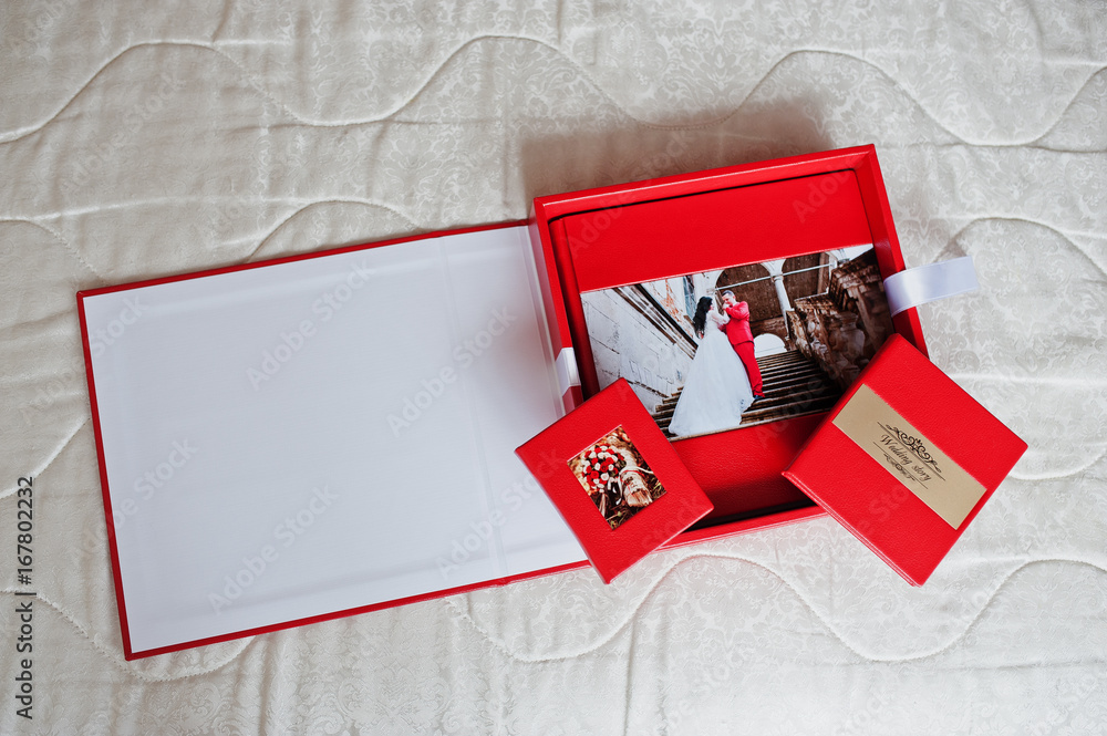 Elegant red wedding photobooks or photo albums with golden inscription on the soft pastel background.