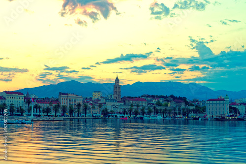 Beautiful view of Split city at sunrise from the side of sea - Dalmatia, Croatia