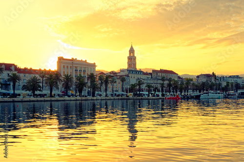 Split city view at golden hour from the side of sea - Dalmatia  Croatia