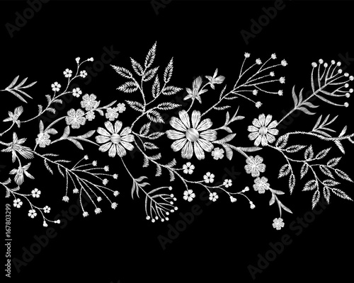 Embroidery white lace border floral border small branches herb leaf with little blue violet flower daisy chamomile. Ornate traditional folk fashion patch design background vector illustration