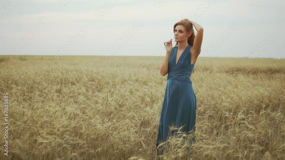 Handsome young woman in a long blue dress standing in golden wheat field trying the wheat's stem, touching her hair and enjoying nature. Freedom concept. Slowmotion shot Handsome young woman in a long blue dress standing in golden wheat field trying the wheat's stem, touching her hair and enjoying nature. Freedom concept. Slowmotion shot