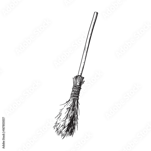 black and white old twig broom, broomstick, traditional Halloween symbol, sketch style vector illustration isolated on white background. Hand drawn, sketch style witch broom, broomstick