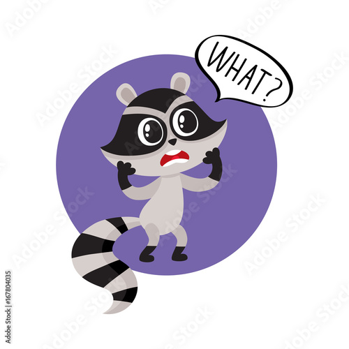 Little raccoon character unpleasantly surprised, exclaiming What, cartoon vector illustration isolated on white background. Little raccoon holding head in paws from disbelief, unpleasant surprised