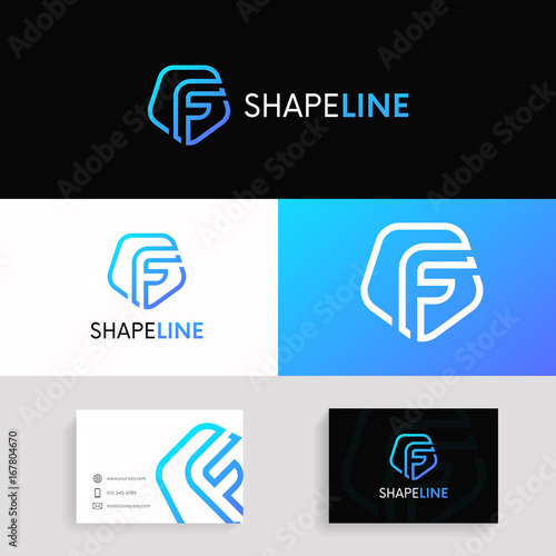 Abstract F letter linear logo company icon shield sign vector design with brand business card.