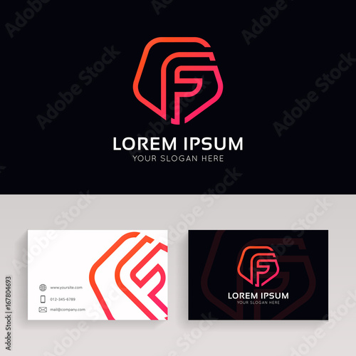 Clean F letter shield logo sign with business card vector design.