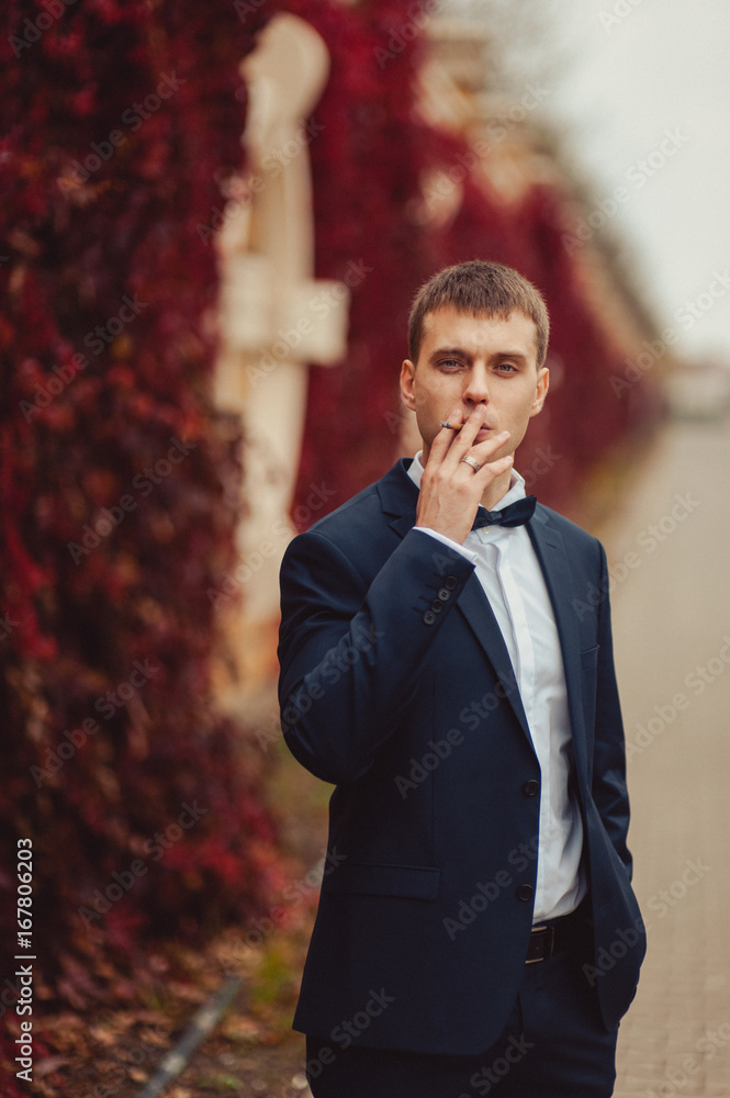 Groom on a walk near a wall with red leaves Groom on a walk near a wall with red leaves