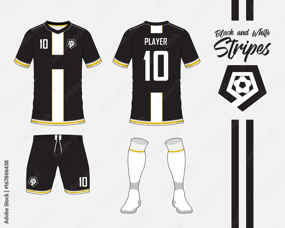 Soccer jersey or football kit collection in black and white stripes  concept. Football shirt mock up. Front and back view soccer uniform.  Football logo in flat design. Vector Illustration. Stock Vector