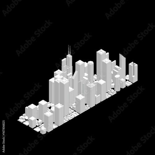 3D model of city. Isolated on black background. Vector illustration.Isometric view.