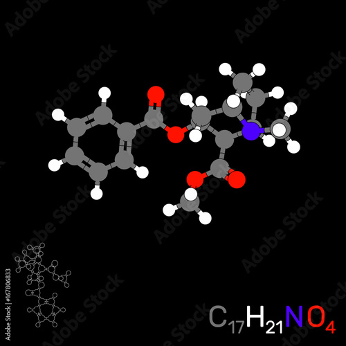 Cocaine model molecule. Isolated on black background. Vector illustration.