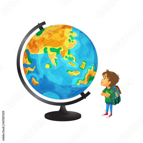 vector cartoon small boy, schoolboy wearing schoolbag looking at big globe studying geography. Isolated flat illustration on a white background. Back to school concept