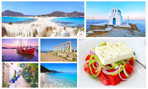 photo collage with greek summer photos - Elafonisos island, Sifnos, sunset boat, Cape Sounion, Hydra, Ithaca, greek salad