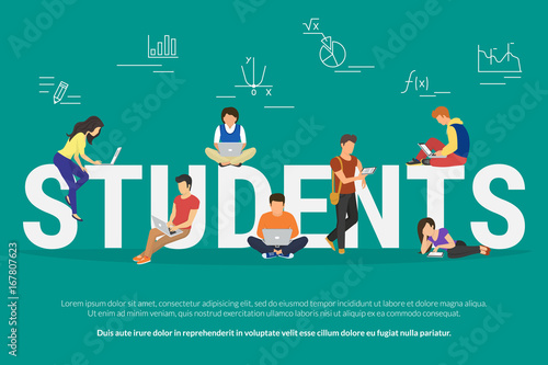 Students vector illustration of young people using laptop, tablet and smartphone for e-learning, distance studying and online education. Flat school or university people learn near letters elearning