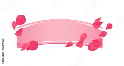 Pink ribbon banner and Pink Red Roses flying petals isolated on White background. Vector