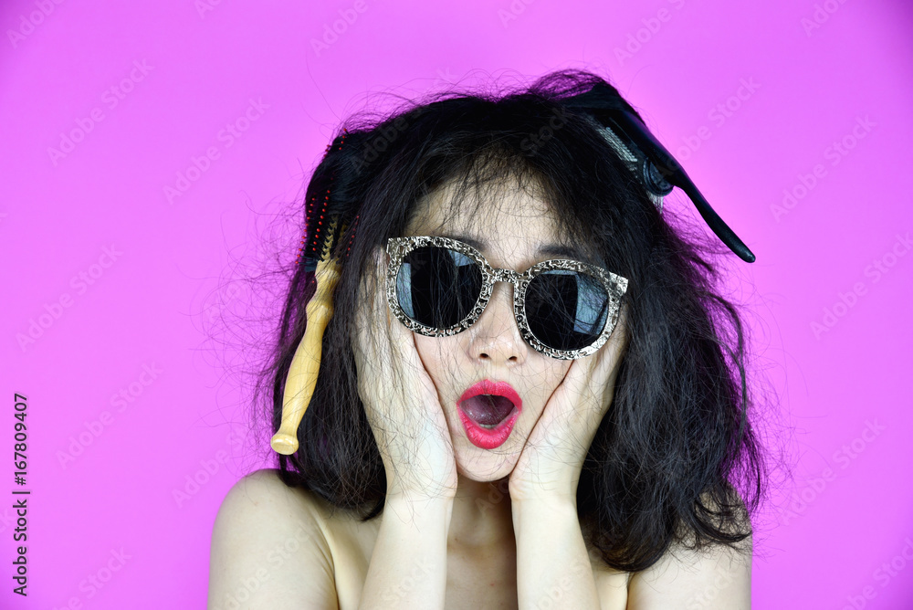 Dry and damaged hair problems, Young woman worry about her messy tangled hair, Funny girl and bad hair day. Dry and damaged hair problems, Young woman worry about her messy tangled hair, Funny girl and bad hair day.