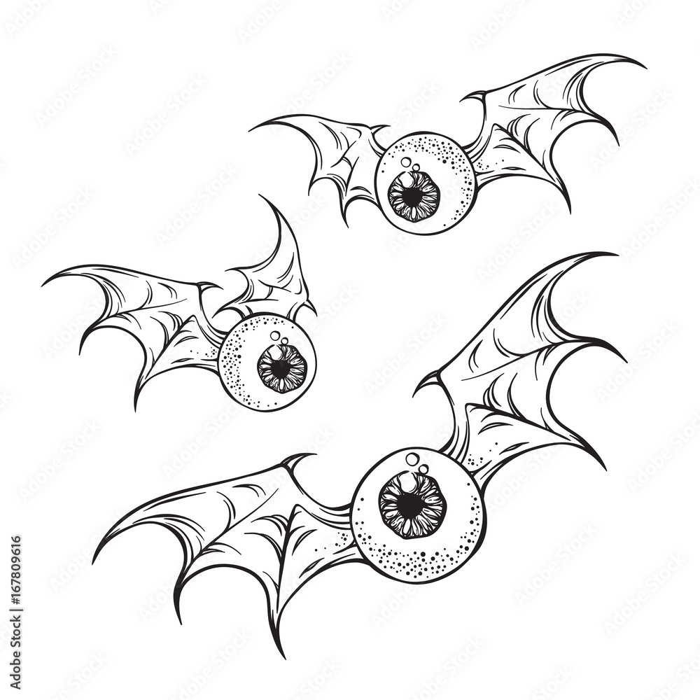 Fototapeta premium Flying eyeballs with creepy demon wings hand drawn black and white halloween theme print design isolated vector illustration