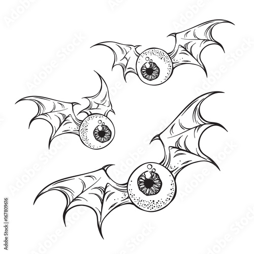 Flying eyeballs with creepy demon wings hand drawn black and white halloween theme print design isolated vector illustration